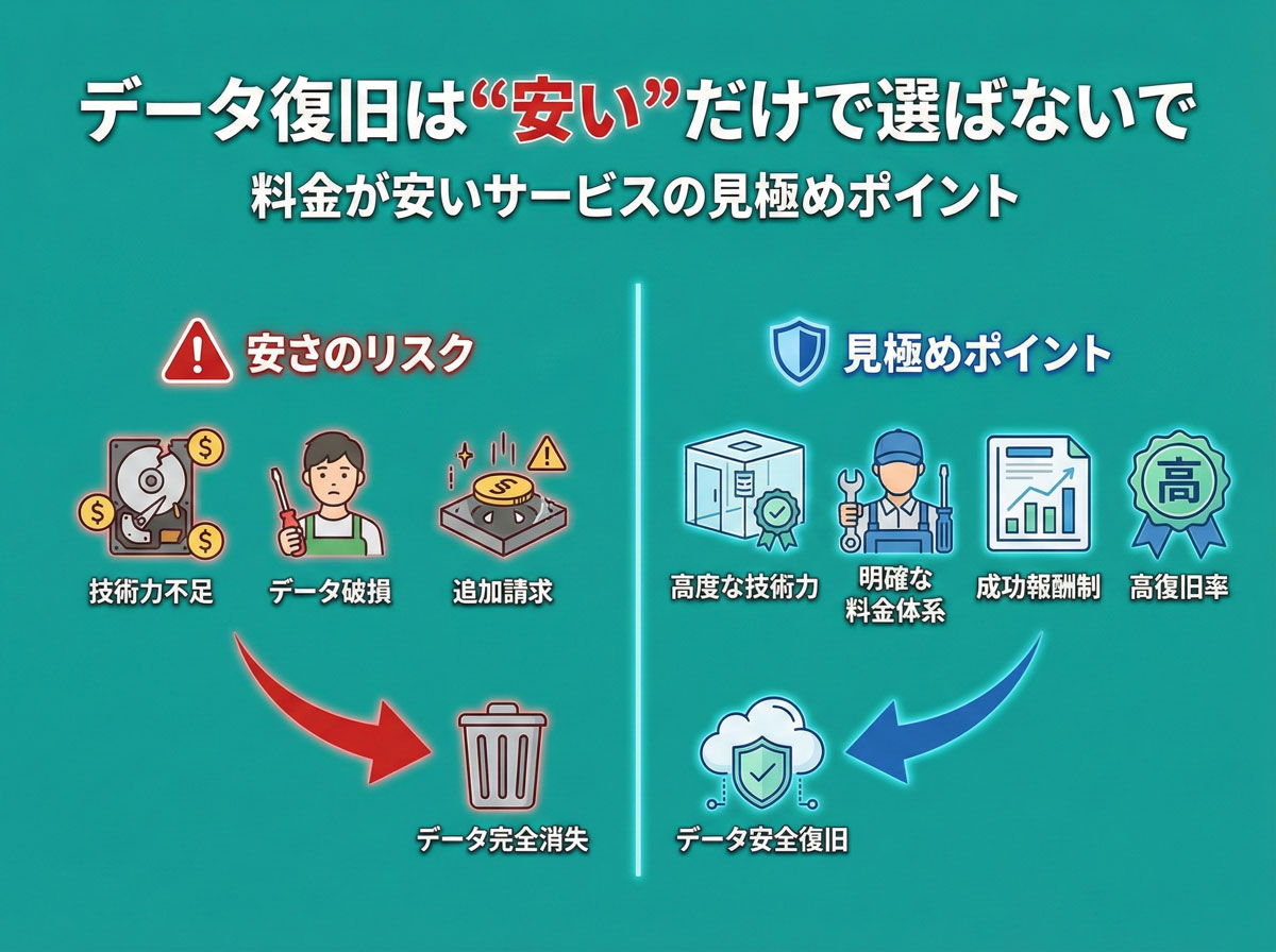 データ復旧は“安い”だけで選ばないで｜料金が安いサービスの見極めポイント