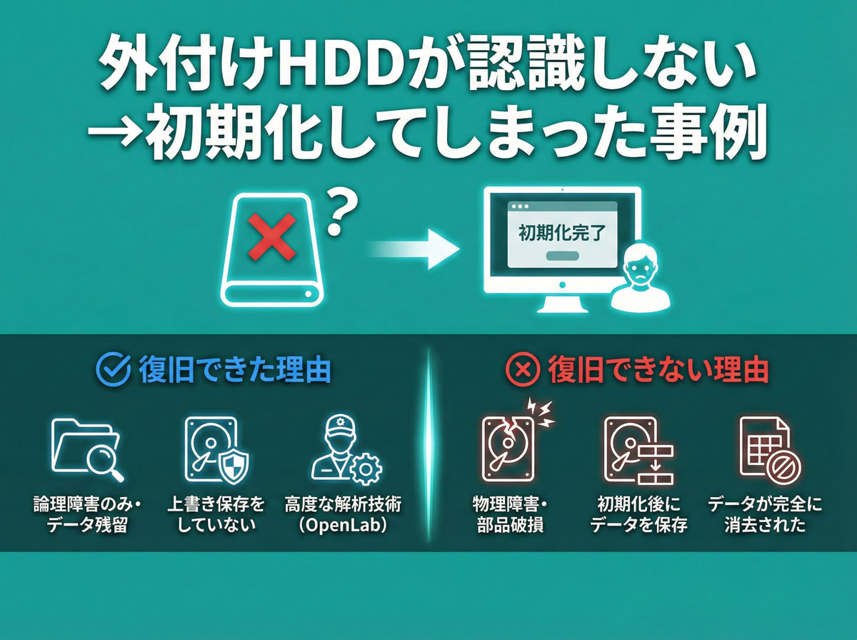 外付けHDDが認識しない→初期化してしまった事例｜復旧できた理由・できない理由