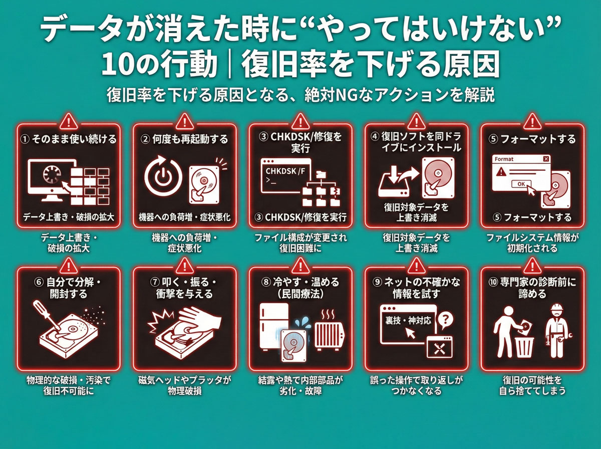 データが消えたら絶対NG！復旧率を下げる「やってはいけない10の行動」