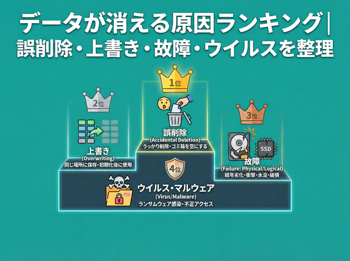 データが消える原因ランキング｜誤削除・上書き・故障・ウイルスを整理