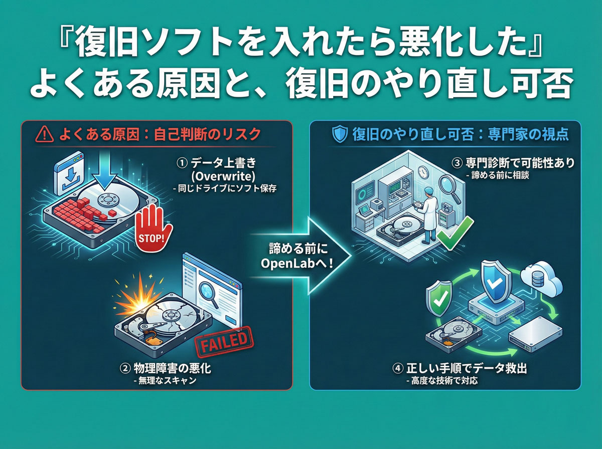 「復旧ソフトを入れたら悪化した」よくある原因と、復旧のやり直し可否