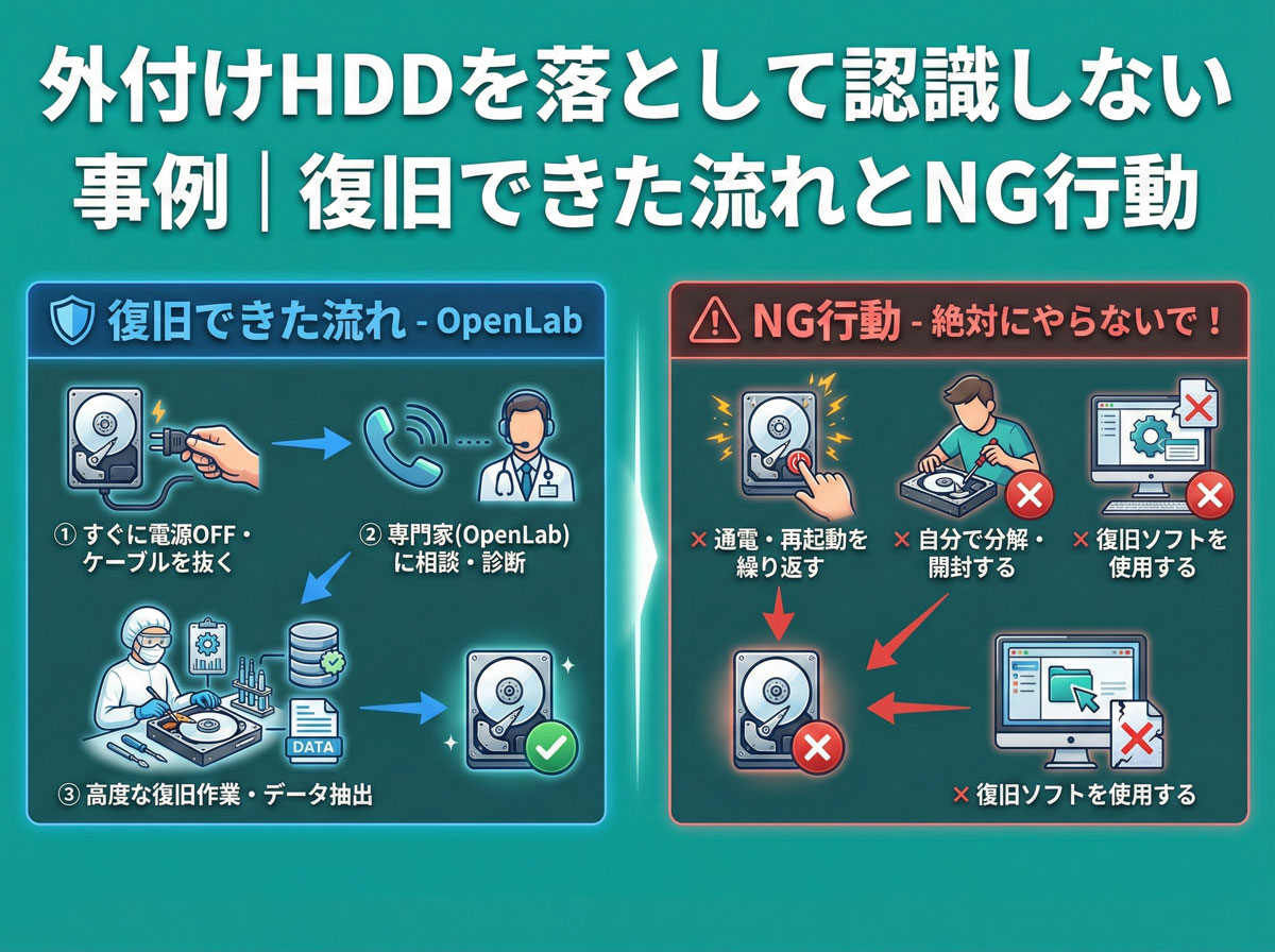 外付けHDDを落として認識しない!復旧できた事例と絶対NGな行動