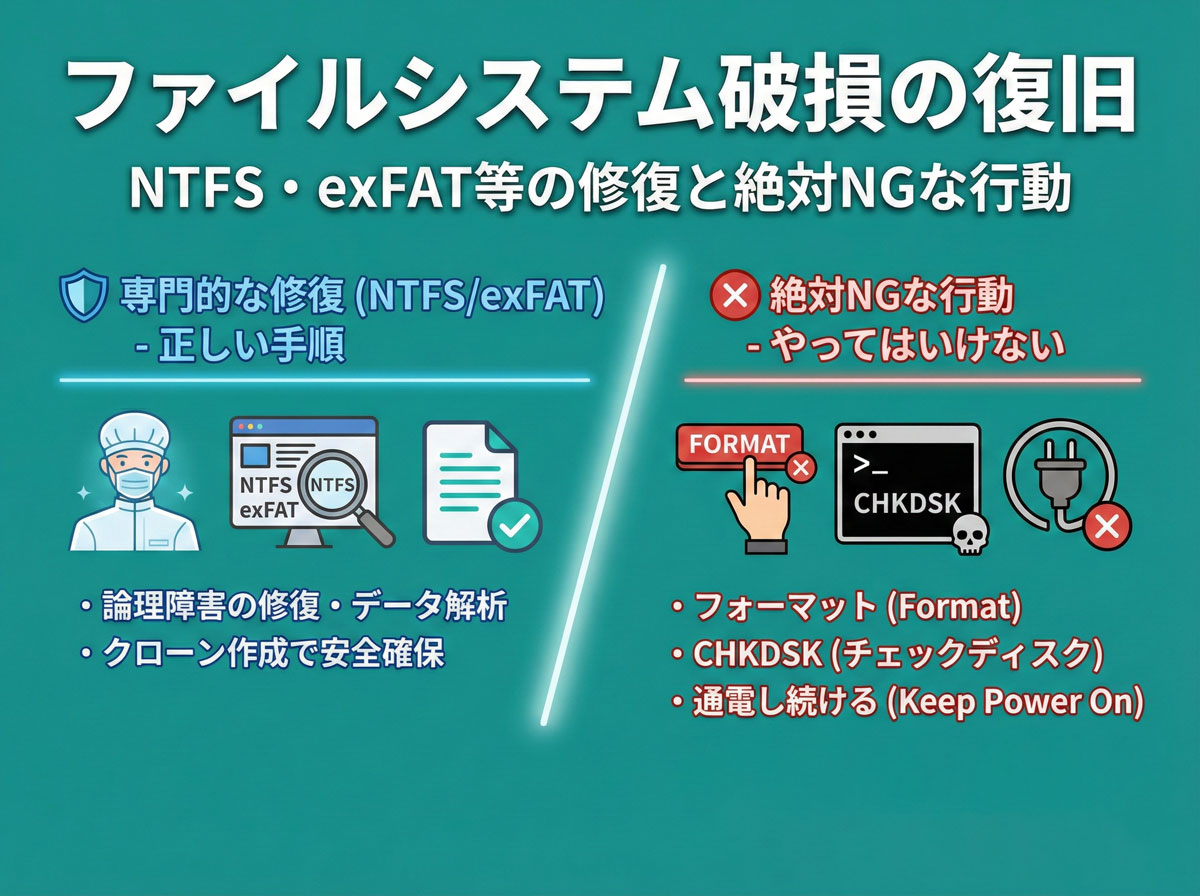 ファイルシステム破損の復旧|NTFS・exFAT等の修復と絶対NGな行動