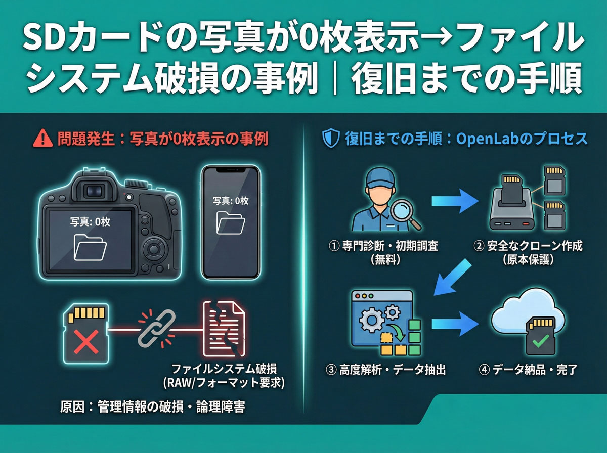 SDカードの写真が0枚表示→ファイルシステム破損の事例｜復旧までの手順