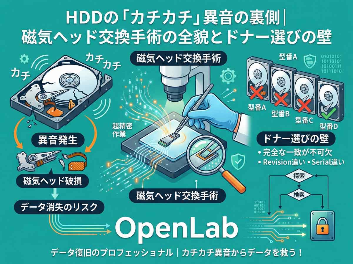 HDDの「カチカチ」異音の裏側｜磁気ヘッド交換手術の全貌とドナー選びの壁