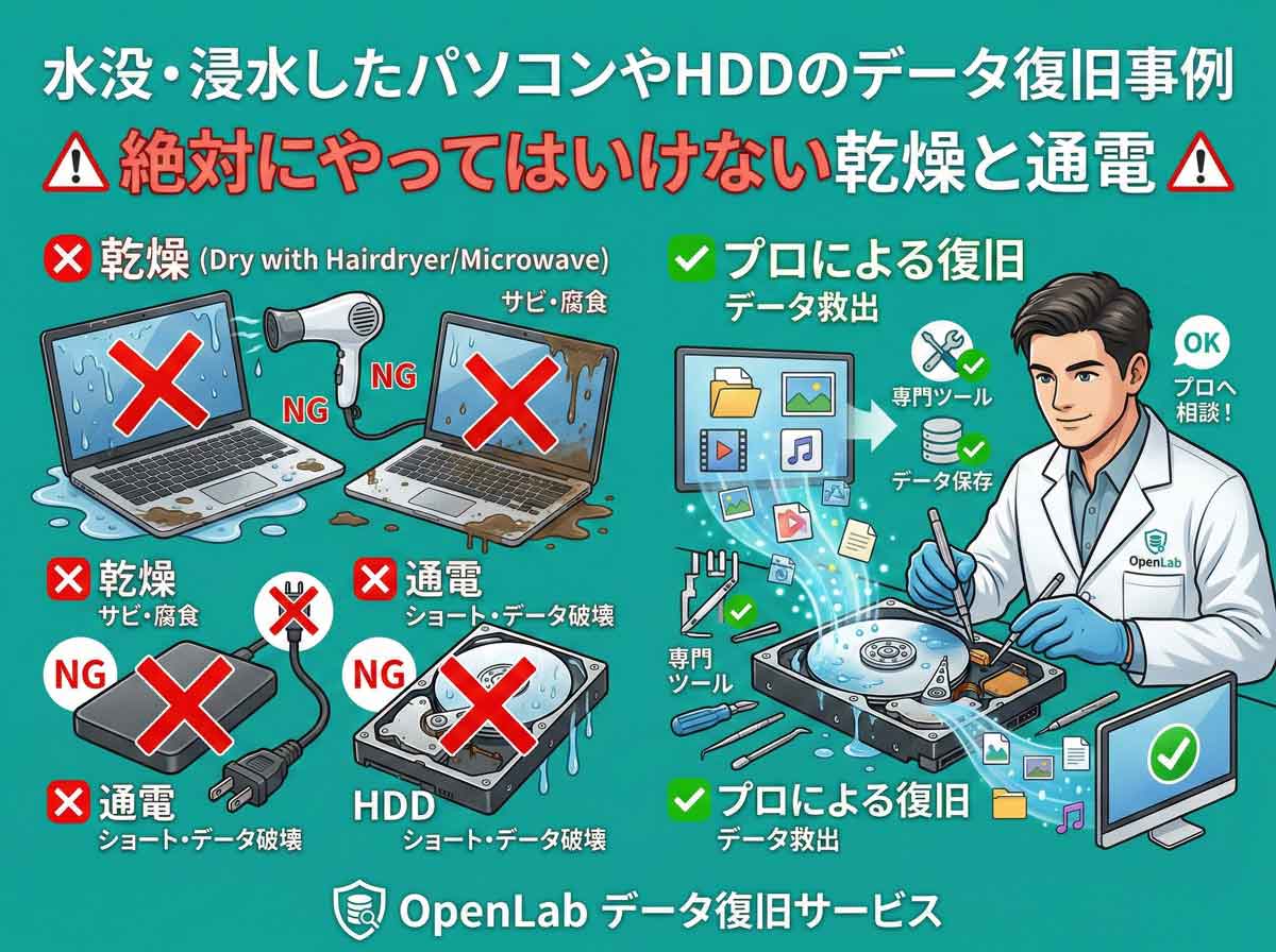 水没・浸水したパソコンやHDDのデータ復旧事例｜絶対にやってはいけない乾燥と通電